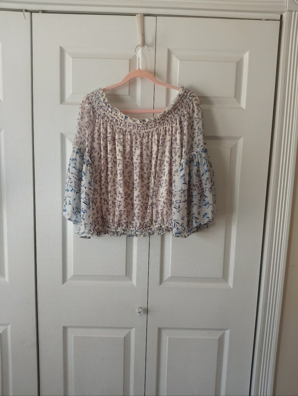 Free People Boho Off-Shoulder Floral Peasant Top - Cream with Blue Print